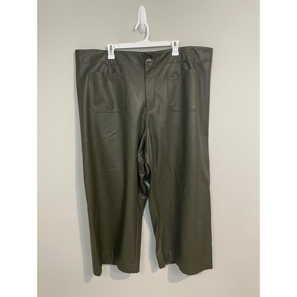 Maeve Colette Cropped Wide-Leg Faux Leather Pants Olive Green Plus Size 26W - Picture 2 of 10